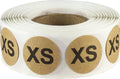 Set of 0.75 inch round natural kraft clothing size stickers for retail apparel, on a roll, ideal for inventory and boutique labeling.