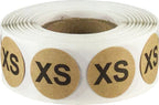 Set of 0.75 inch round natural kraft clothing size stickers for retail apparel, on a roll, ideal for inventory and boutique labeling.