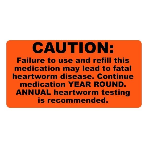 Orange pet heartworm medication labels with black print, 2x1 inches, used for prescriptions and veterinary office labeling.
