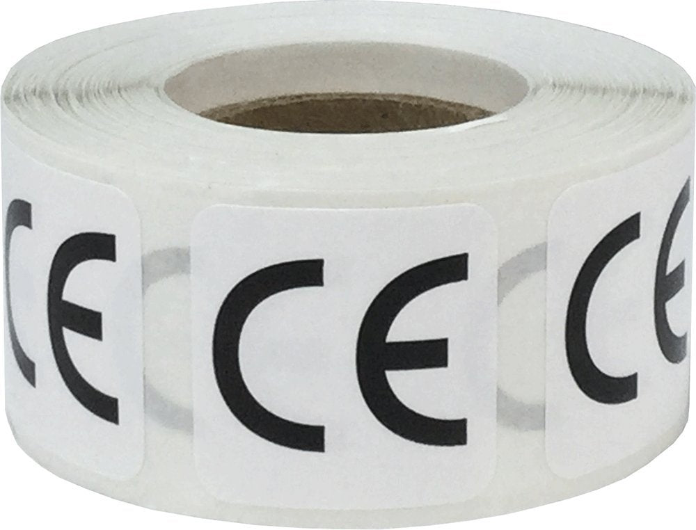 Roll of 1-inch square CE compliance labels with adhesive, used for electronics, manufacturing, and product certification.