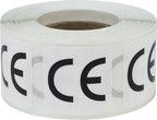 Roll of 1-inch square CE compliance labels with adhesive, used for electronics, manufacturing, and product certification.
