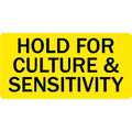Medical record labels from Labelvalue, Hold for Culture and Sensitivity, LV-MUC-10, with clear printed text on white labels.