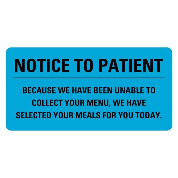 Medical record labels featuring notice to patient food menu labels from Labelvalue, with clear printed instructions on a white background.
