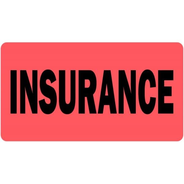 Fluorescent red-orange medical record labels measuring 2x1 inches by Labelvalue, designed for insurance and medical documentation.