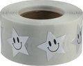 Metallic silver happy face star stickers, 0.75 inch adhesive labels on a roll, perfect for classroom motivation and rewards.