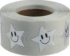 Metallic silver happy face star stickers, 0.75 inch adhesive labels on a roll, perfect for classroom motivation and rewards.