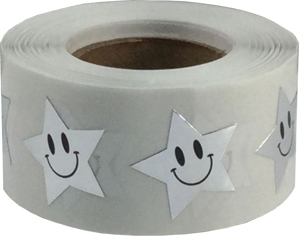 Metallic silver happy face star stickers, 0.75 inch adhesive labels on a roll, perfect for classroom motivation and rewards.