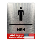 Men Bathroom Sign by GDS - ADA Compliant, Wheelchair Accessible, Raised Icons, & Grade 2 Braille - Includes Adhesive Strips for Easy Installation - Bathroom Signs for Business, Restroom Sign, Restroom Signs for Business - 6" W x 8" H (Brushed Aluminum)...