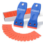 FOSHIO plastic razor blade scraper set with 2 tools and 100 blades for gasket, label, decal, and adhesive removal on glass.