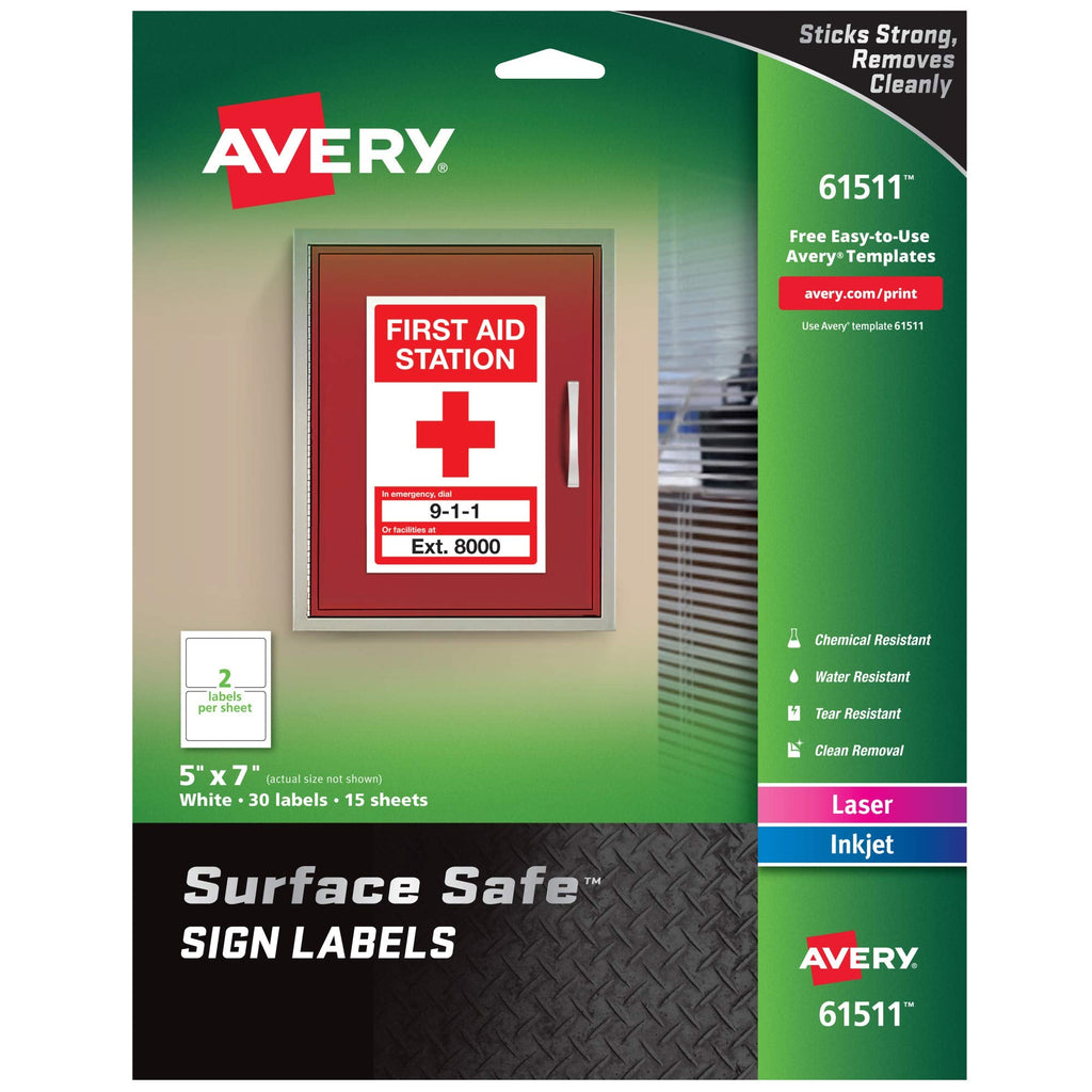 Avery Printable Warning Signs, 5" x 7", Water/Chemical Resistant, 30 Removable Labels (61511) 5" x 7" White