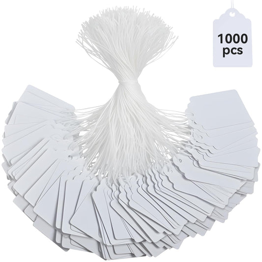 Brothersbox Price Tags with String Attached, 1000pcs White Marking Merchandise Strung Writable Label Hang Tags for Pricing Gift Jewelry Clothing Yard Sale Garage Supplies 1.75 x 1.093 inch White - Smooth Surface 1000pcs - 1.75" x 1.093"