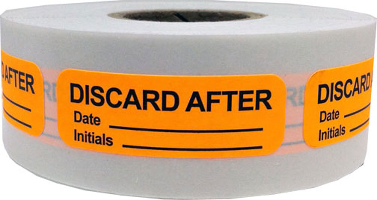 Fluorescent orange and black discard after stickers for medical healthcare labeling, 0.5 x 1.5 inch adhesive labels, roll of 500.