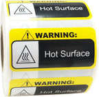 Warning hot surface labels, 1 x 2 inch adhesive stickers, for shipping and handling, showing bright warning text on a label.