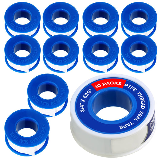 Supply Giant Plumbers PTFE Tape 3/4" W x 520" L 10 Rolls Pipe Thread Tape, High Density Thread Sealant Tape Water Seal Plumbing Tape for Shower Head, Pipes, Gas Lines, Leak Prevention 520" Pack of 10