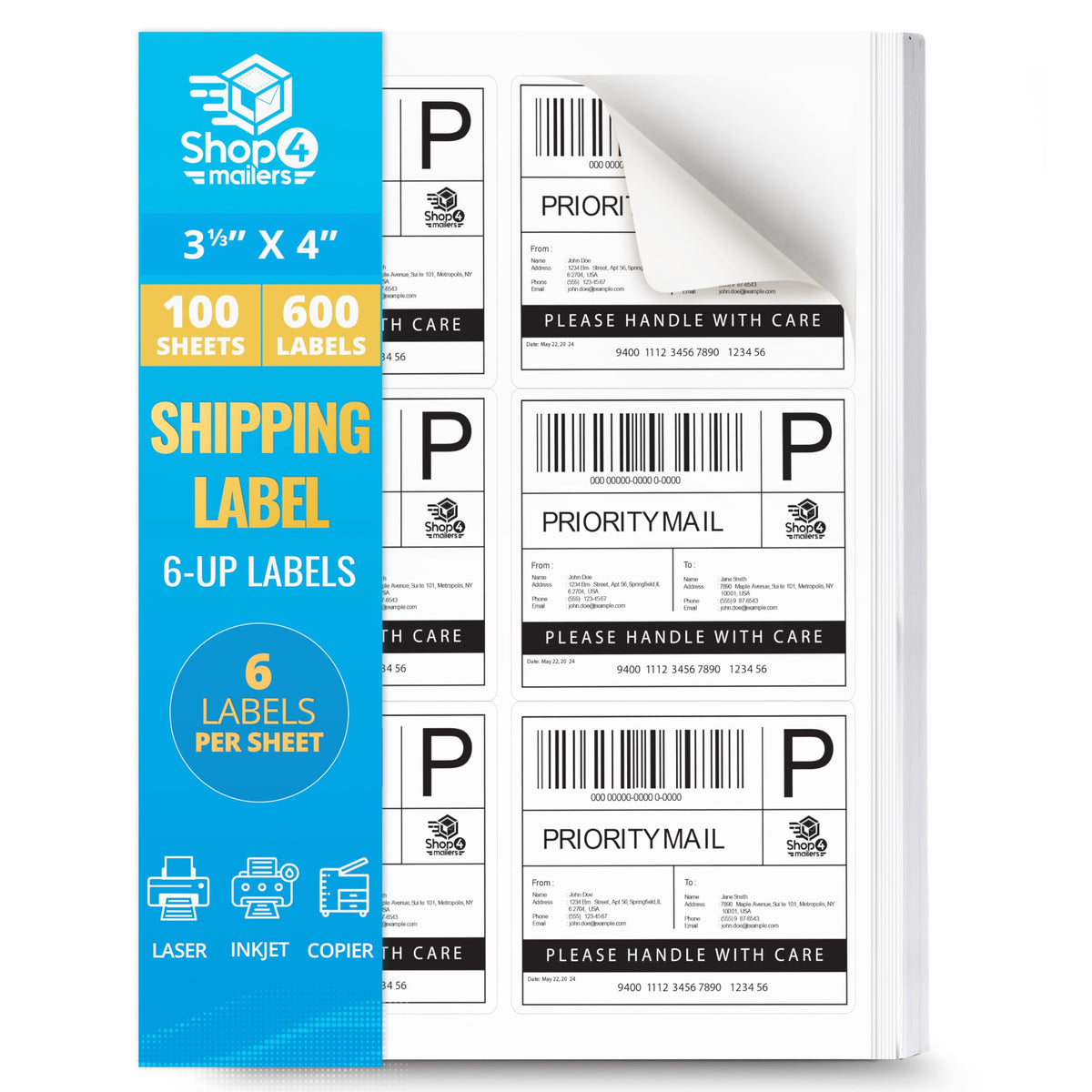 Shop4Mailers 600 Count (100 Sheets) 6-Up 3 1/3 x 4 Shipping Labels 600 Labels