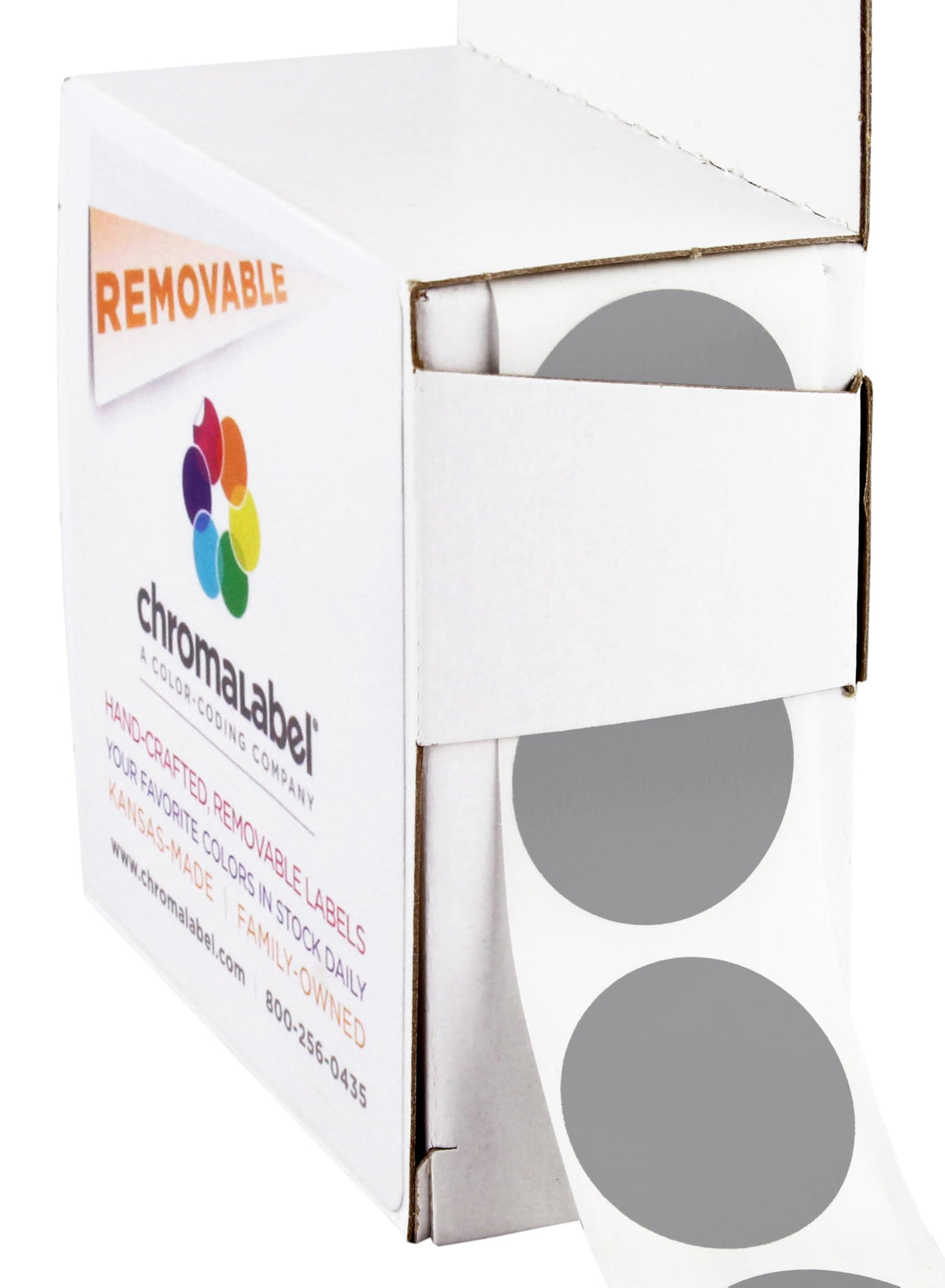 ChromaLabel 1-inch round removable color code dot stickers in grey, featuring 1000 labels in a dispenser box for organization.
