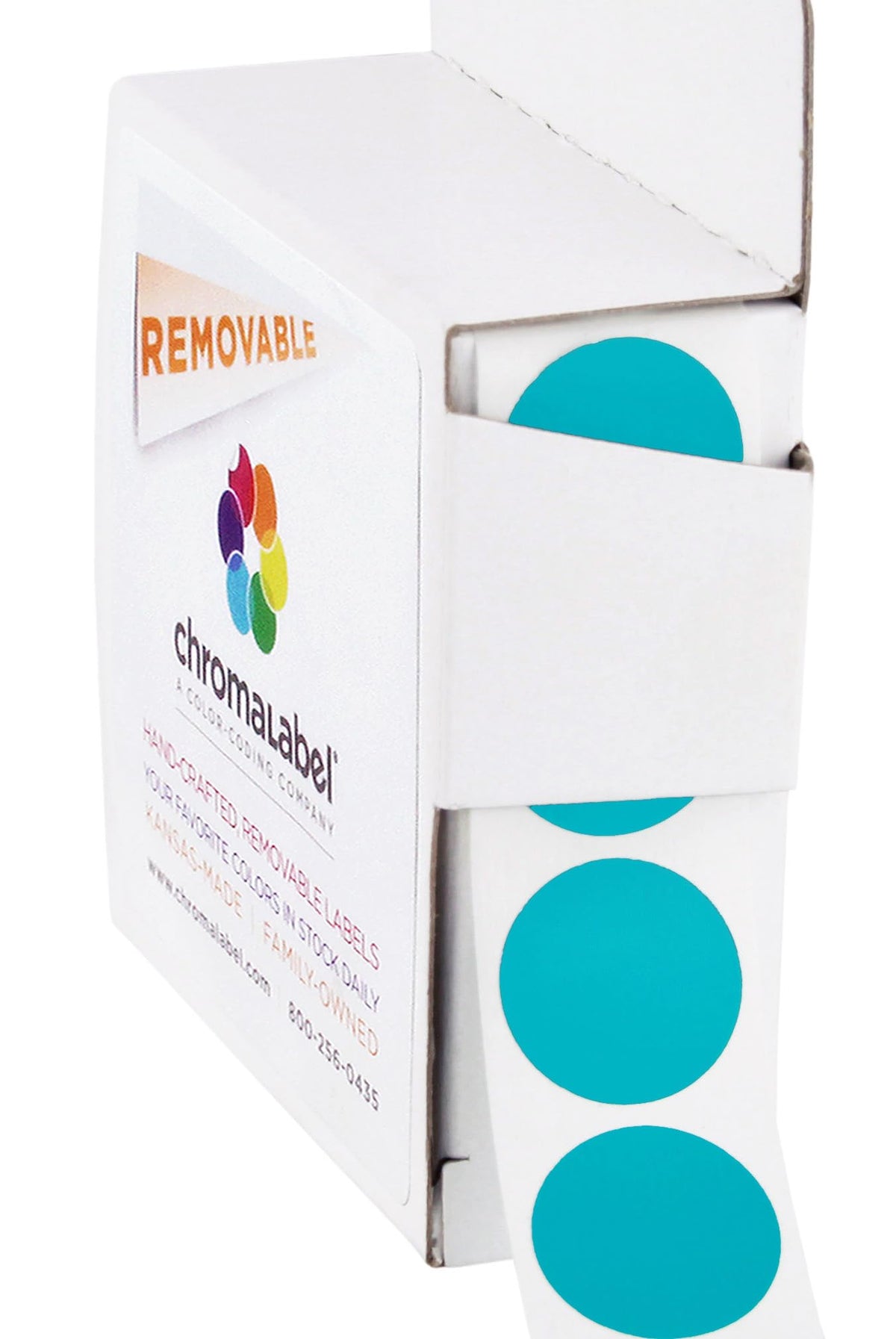 ChromaLabel 0.75 inch teal round removable color code dot stickers, 1000 labels in dispenser box for labeling and organization.