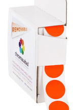 ChromaLabel 0.75-inch round removable color code dot stickers in fluorescent red-orange, 1000 labels in dispenser box for organization.