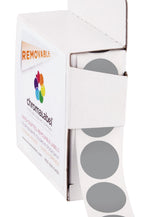 Gray ChromaLabel 0.75 inch round removable color code dot stickers, 1000 per dispenser box for color-coding and organization.