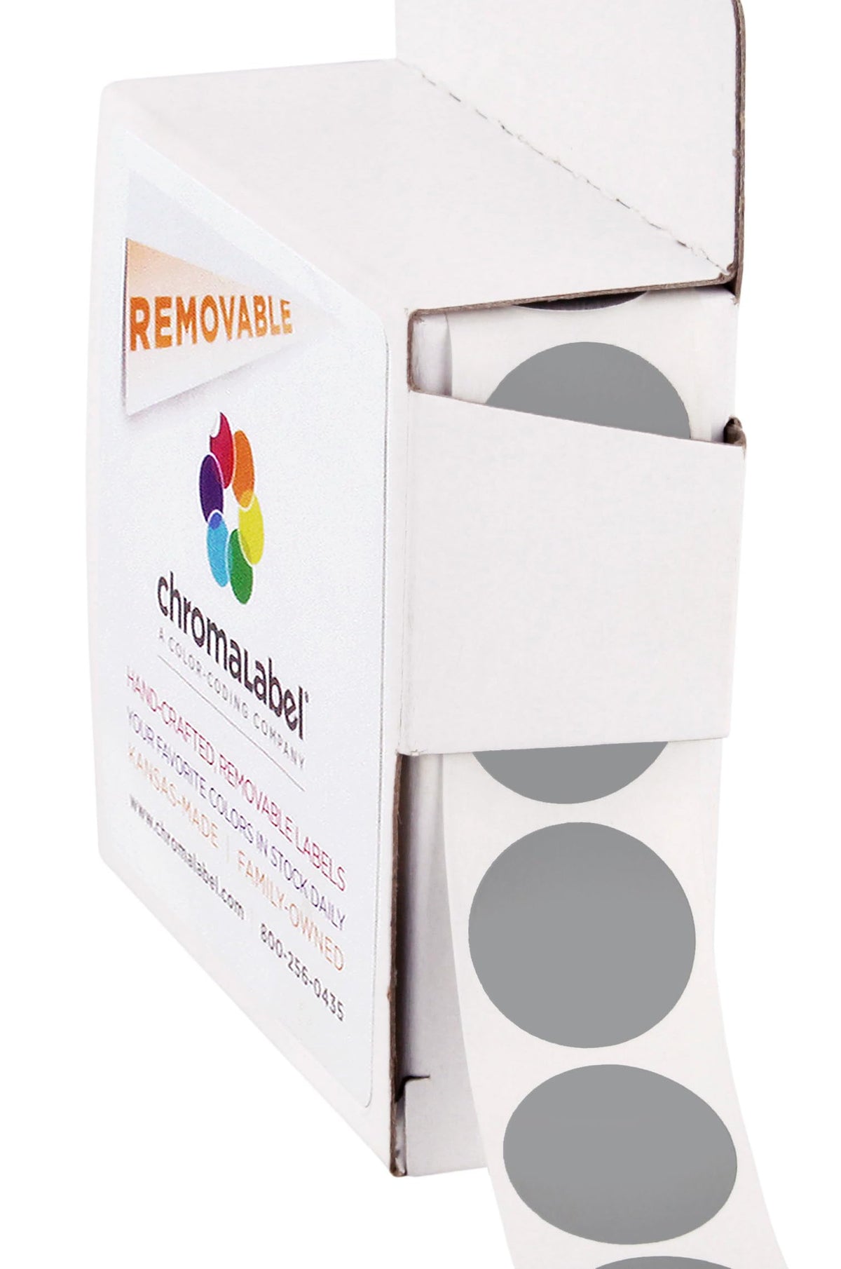 Gray ChromaLabel 0.75 inch round removable color code dot stickers, 1000 per dispenser box for color-coding and organization.