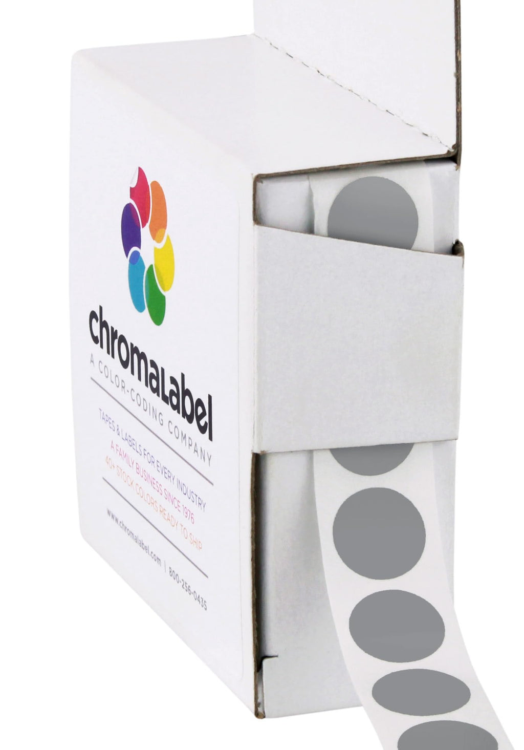 Gray 1/2 inch round removable color-code dot stickers from ChromaLabel, 1000 per dispenser box for labeling and organization.