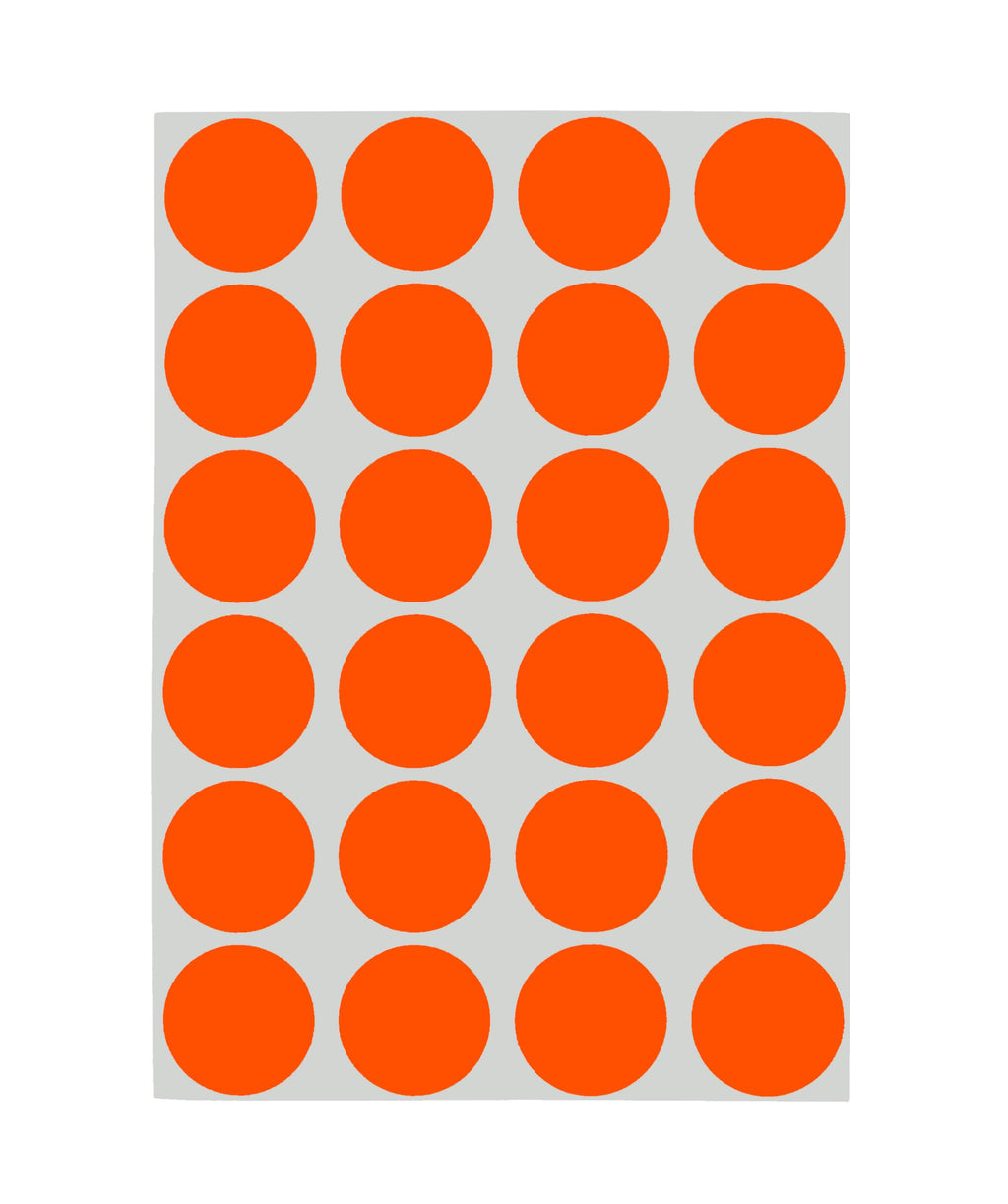 ChromaLabel 0.75 inch round removable color code dot stickers in fluorescent red-orange, 1008 pack with 24 labels per sheet.