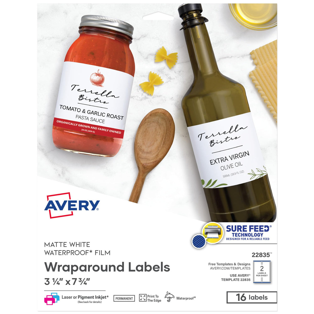 Avery Durable Waterproof Wraparound Rectangle Labels with Sure Feed Technology, 3.25" x 7.75", Matte White, Laser/Pigment-Inkjet, 16 Customizable Labels (22835) One Size