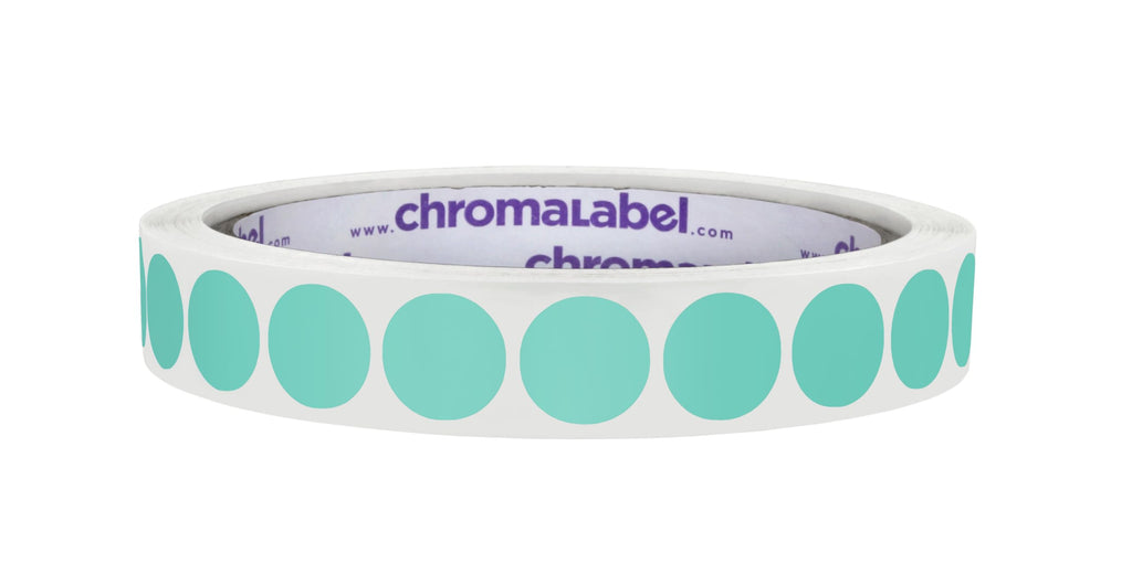 ChromaLabel 0.50 inch round color code dot stickers in aqua, permanent adhesive, 1000 labels per roll for color coding and organization.