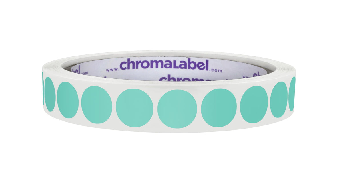 ChromaLabel 0.50 inch round color code dot stickers in aqua, permanent adhesive, 1000 labels per roll for color coding and organization.