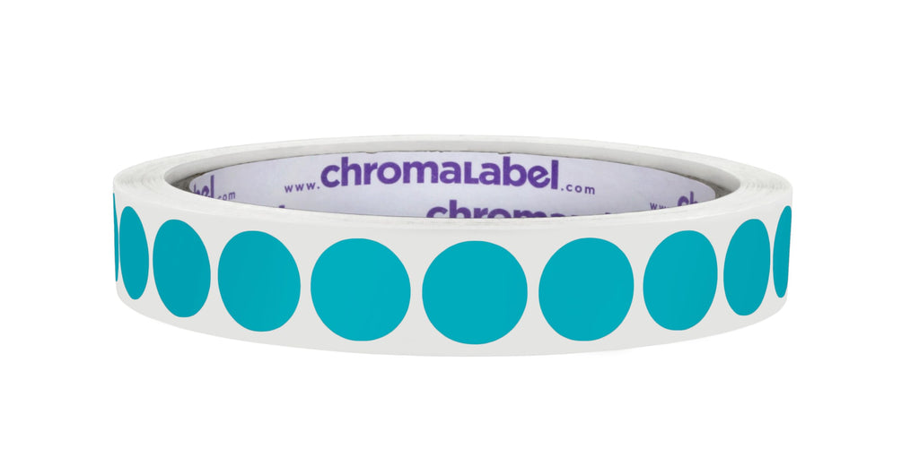 ChromaLabel 0.50-inch round teal color-coding label stickers, permanent adhesive, 1000 per roll, ideal for organizing and labeling.