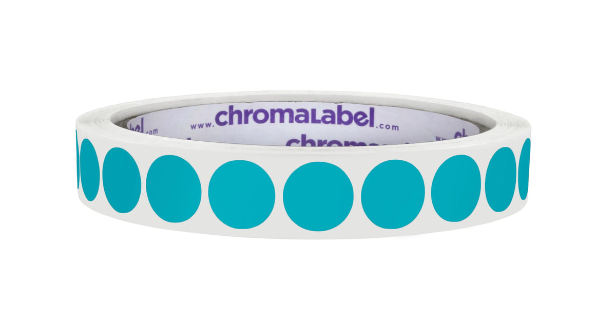 ChromaLabel 0.50-inch round teal color-coding label stickers, permanent adhesive, 1000 per roll, ideal for organizing and labeling.