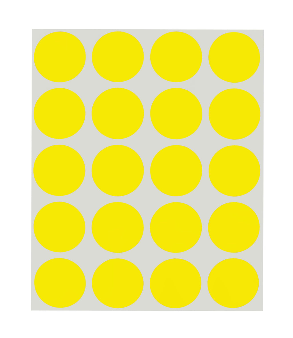 ChromaLabel 1-inch round yellow removable color code dot stickers on sheets, ideal for labeling and organization.