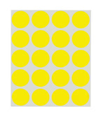 ChromaLabel 1-inch round yellow removable color code dot stickers on sheets, ideal for labeling and organization.