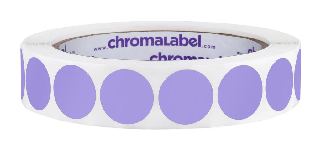 ChromaLabel 0.75 inch lavender round color-coding labels, 1000 per roll, with permanent adhesive and color code dots.