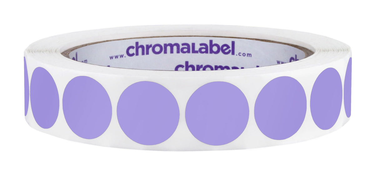ChromaLabel 0.75 inch lavender round color-coding labels, 1000 per roll, with permanent adhesive and color code dots.