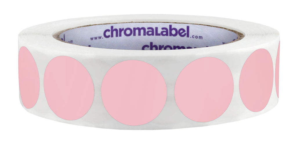 ChromaLabel 1-inch round pink color-coding stickers with permanent adhesive, 1000 labels per roll for organizing and labeling.