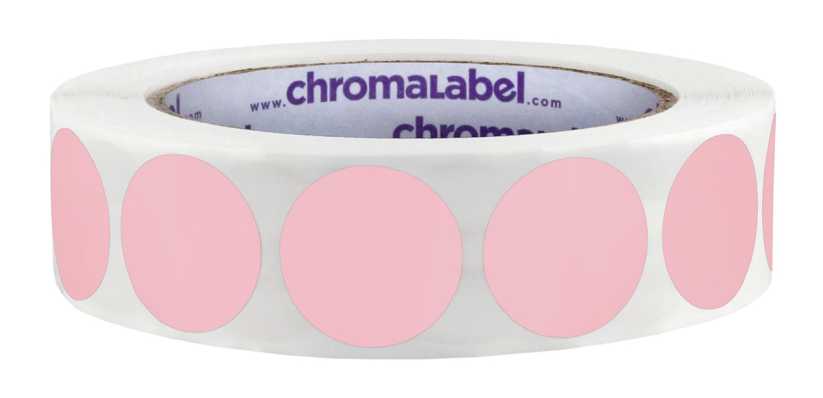 ChromaLabel 1-inch round pink color-coding stickers with permanent adhesive, 1000 labels per roll for organizing and labeling.