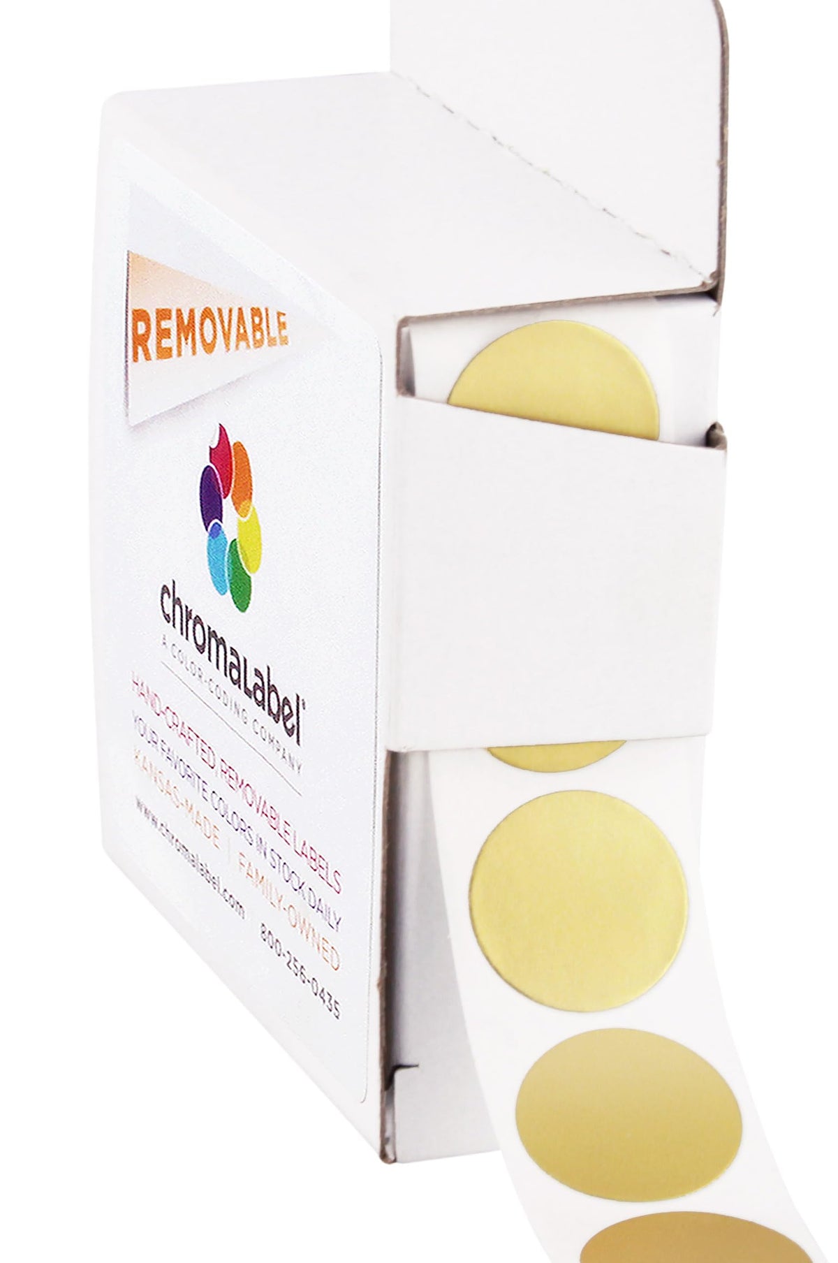 ChromaLabel 0.75-inch round color-coding labels in gold, removable dot stickers, 1000 per dispenser box for organization and labeling.