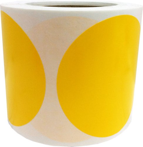 Yellow color coding labels, 4-inch round circle dots on a roll, made by  for inventory and organization.