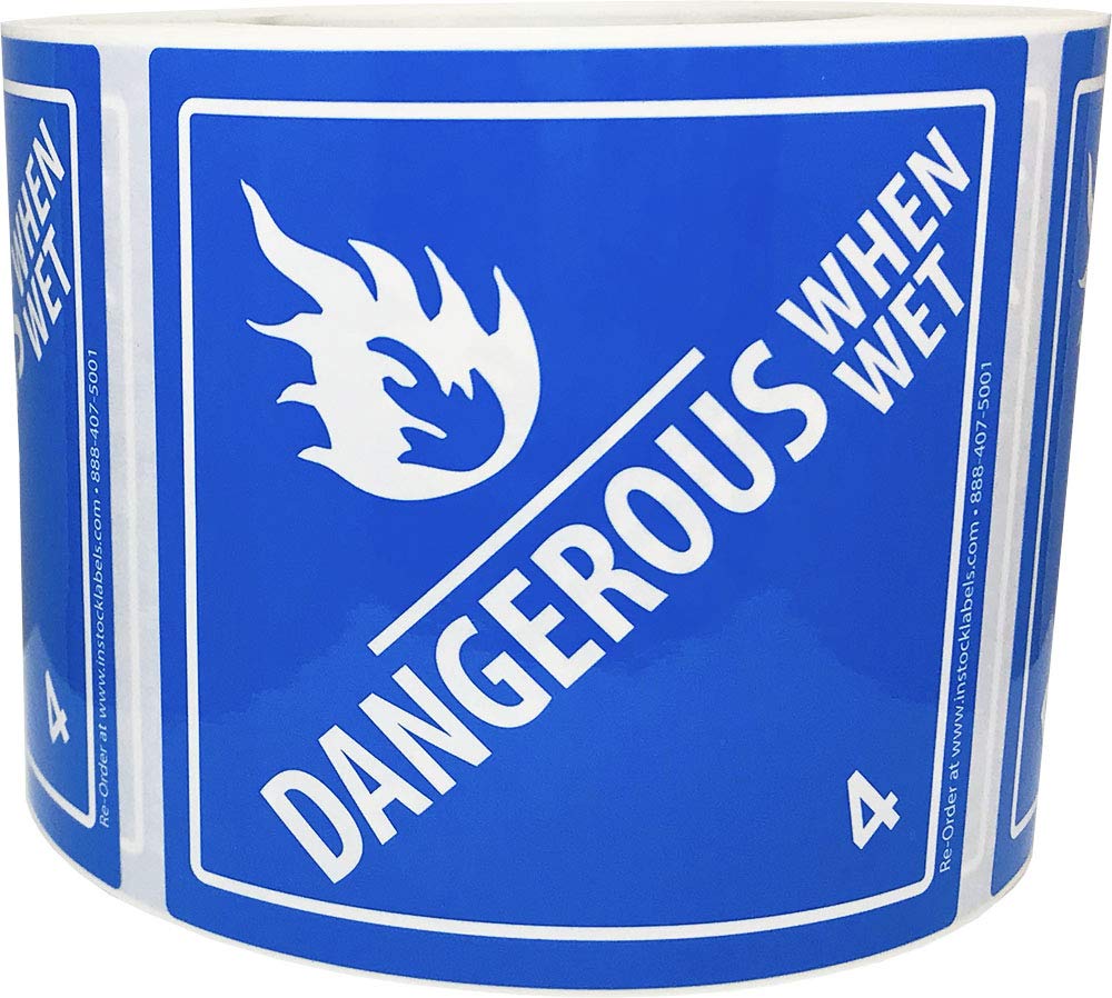 Laminated Dangerous When Wet hazard class 4 D.O.T label, 4x4 inch square, on a roll, .
