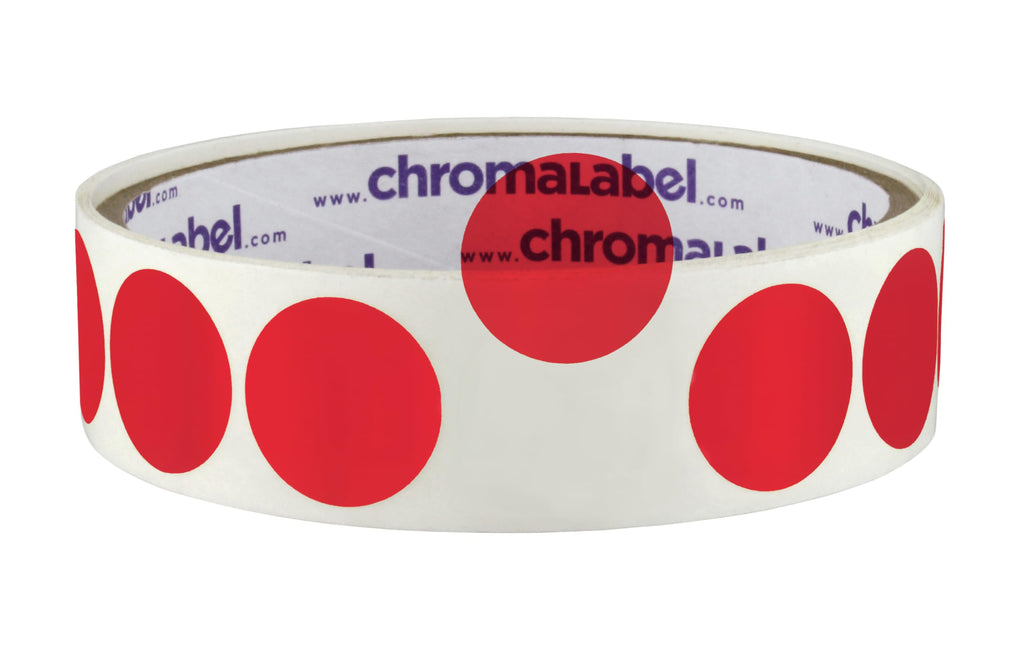 Red ChromaLabel 0.75 inch permanent color-coding dot stickers on a roll, ideal for labeling and organization.