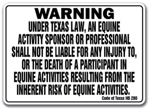 Texas Equine Sign Activity Liability Warning Statute Horse Farm barn Stable 18" X 24" Aluminum