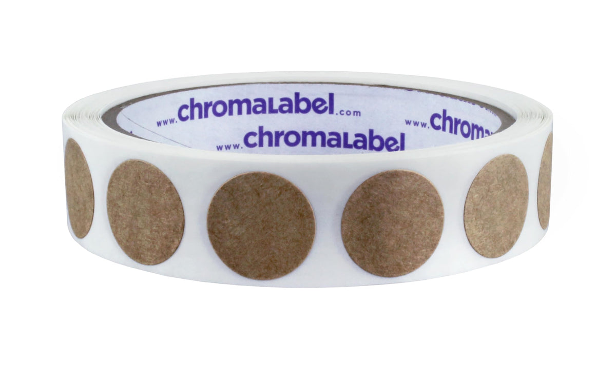 ChromaLabel round kraft dot stickers, 0.75 inch diameter, all-purpose labels on a roll, 500 per roll for labeling and craft projects.