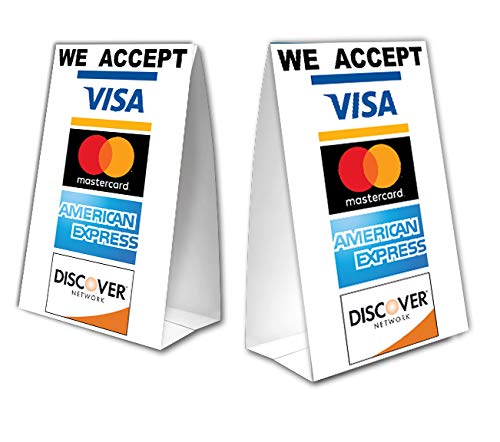 We Accept Credit Cards Table Tent with UV Coating - MasterCard, Visa, Discover, American Express - 2 Pack