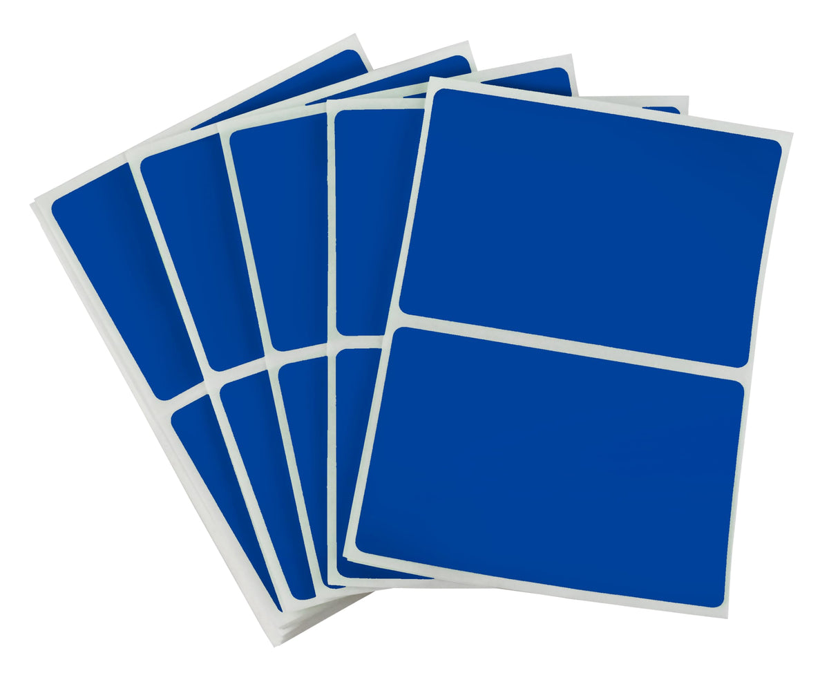 Dark blue ChromaLabel 2x3 inch name tag stickers, color-coding labels, 150 per pack, shown on sheet with individual labels visible.