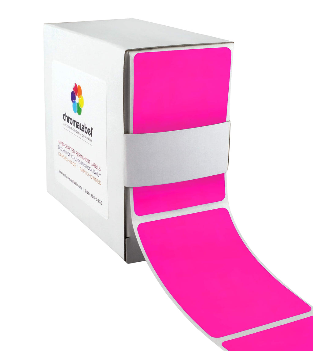 ChromaLabel fluorescent pink 2x3 inch all-purpose permanent color code rectangle labels, 100 stickers per dispenser box