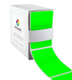 ChromaLabel fluorescent green 2x3 inch all-purpose rectangular permanent color code labels in a dispenser box with 100 stickers