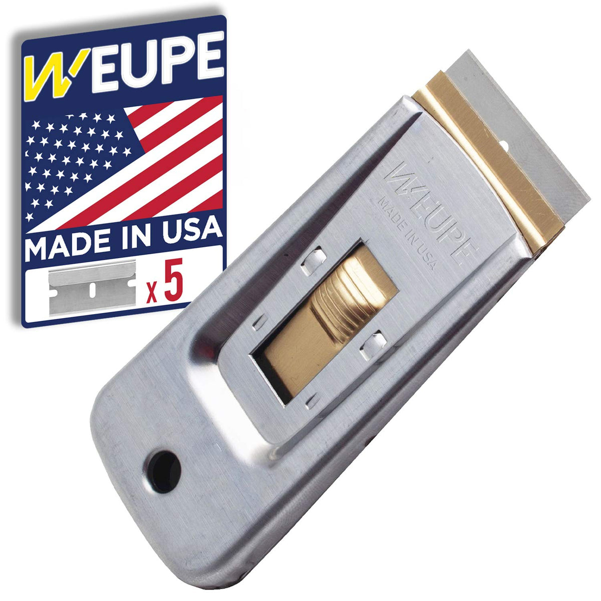 WEUPE razor blade scraper tool with replaceable blades for glass, paint removal, and sticker scraping, featuring a secure holder.