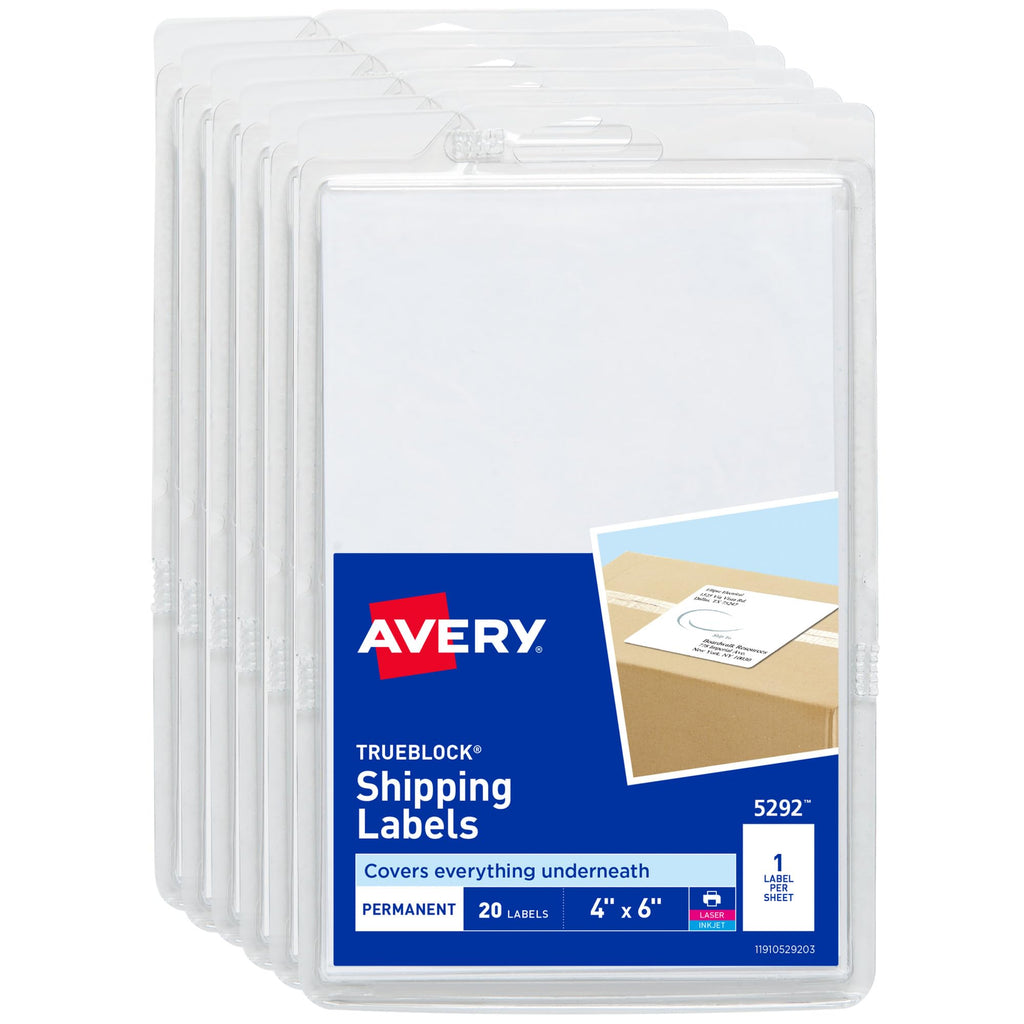 Avery® Shipping Labels with TrueBlock® Technology, 4" x 6", White, Permanent, 6 Packs for 120 Labels Total (45292)
