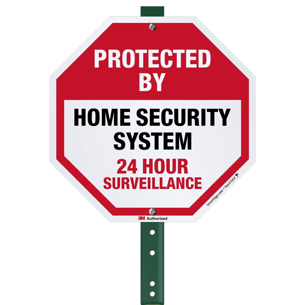 SmartSign 10" x 10" 'Protected By Home Security System 24 Hour Surveillance' Yard Sign with 3 ft Stake, 40 mil Aluminum 3M Laminated Engineer Grade Reflective, Red/Black/White Reflective Aluminum Sign with 3' Stake
